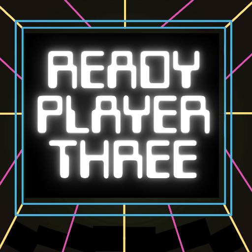 Neon sign with 'READY PLAYER THREE' text on a black background